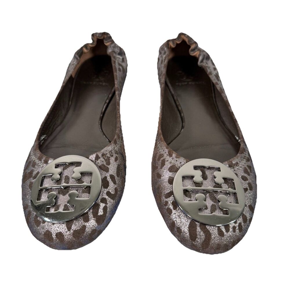 Tory Burch Reva Ballet Flats Women's 8.5M Metallic Cheetah Animal Print Silver